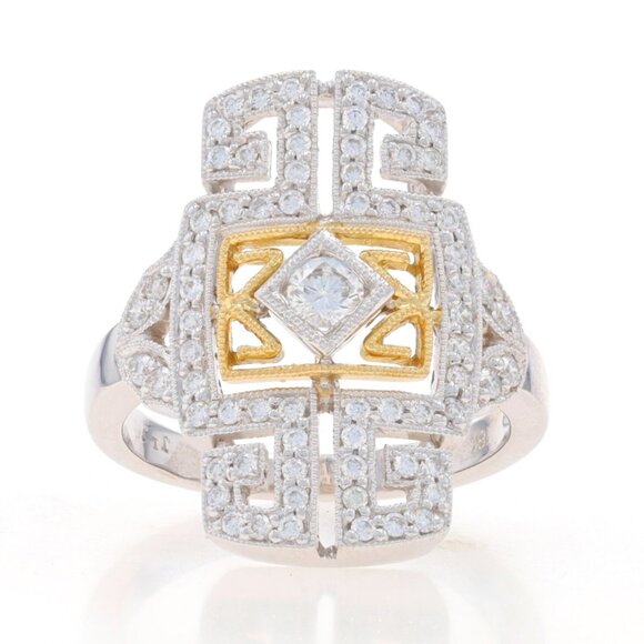 White Gold Diamond Cluster Cocktail Ring - 18k Round .84ctw Geometric Milgrain